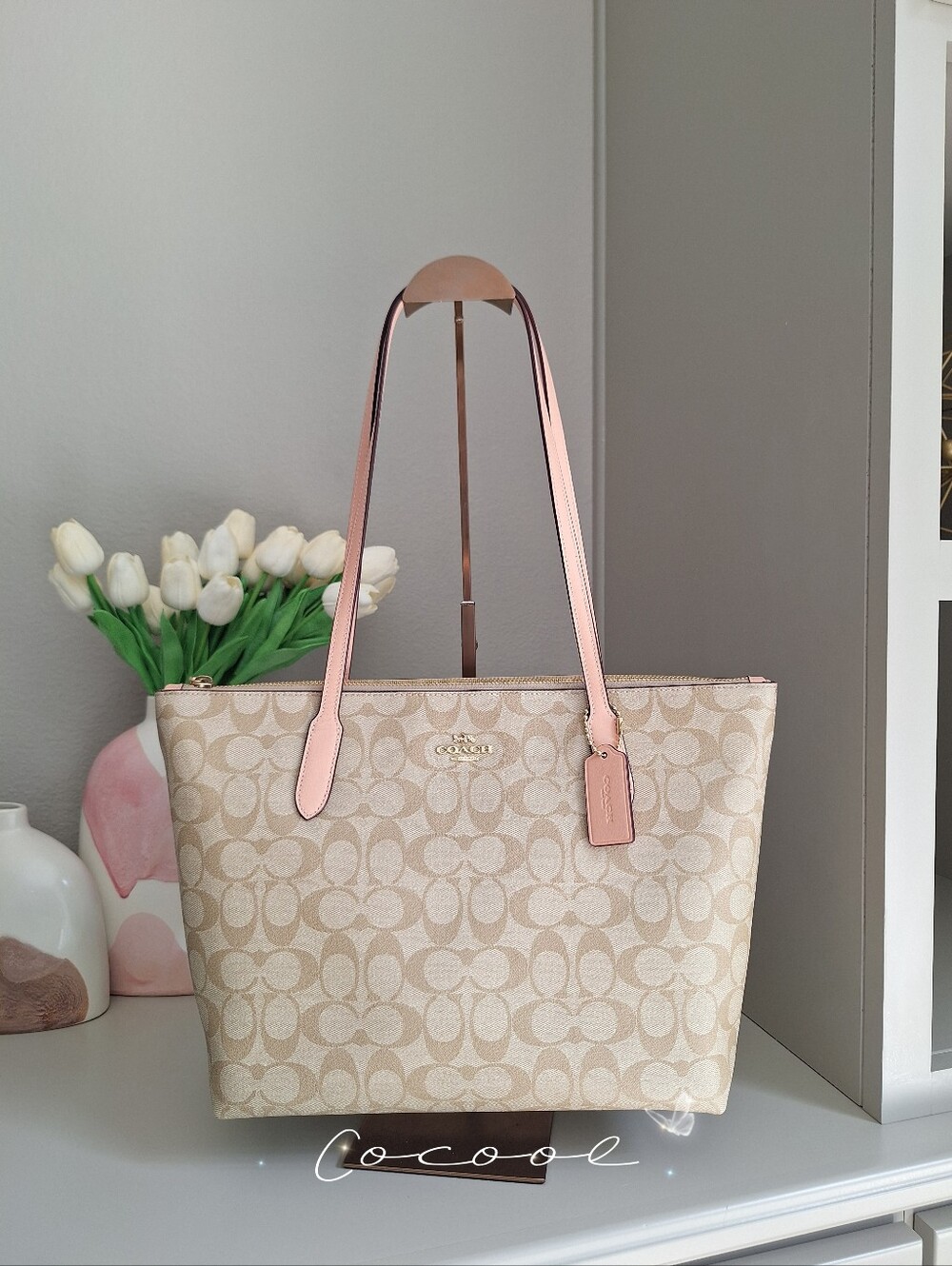 💝NEW COACH ZIP TOP TOTE IN SIGNATURE CANVAS/ LEATHER LIGHT KHAKI BLUSH PINK